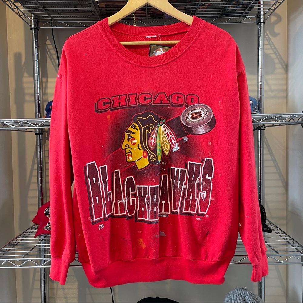 Vintage Chicago Blackhawks Sweatshirt Mens Large NHL Paint Splattered Crew Neck